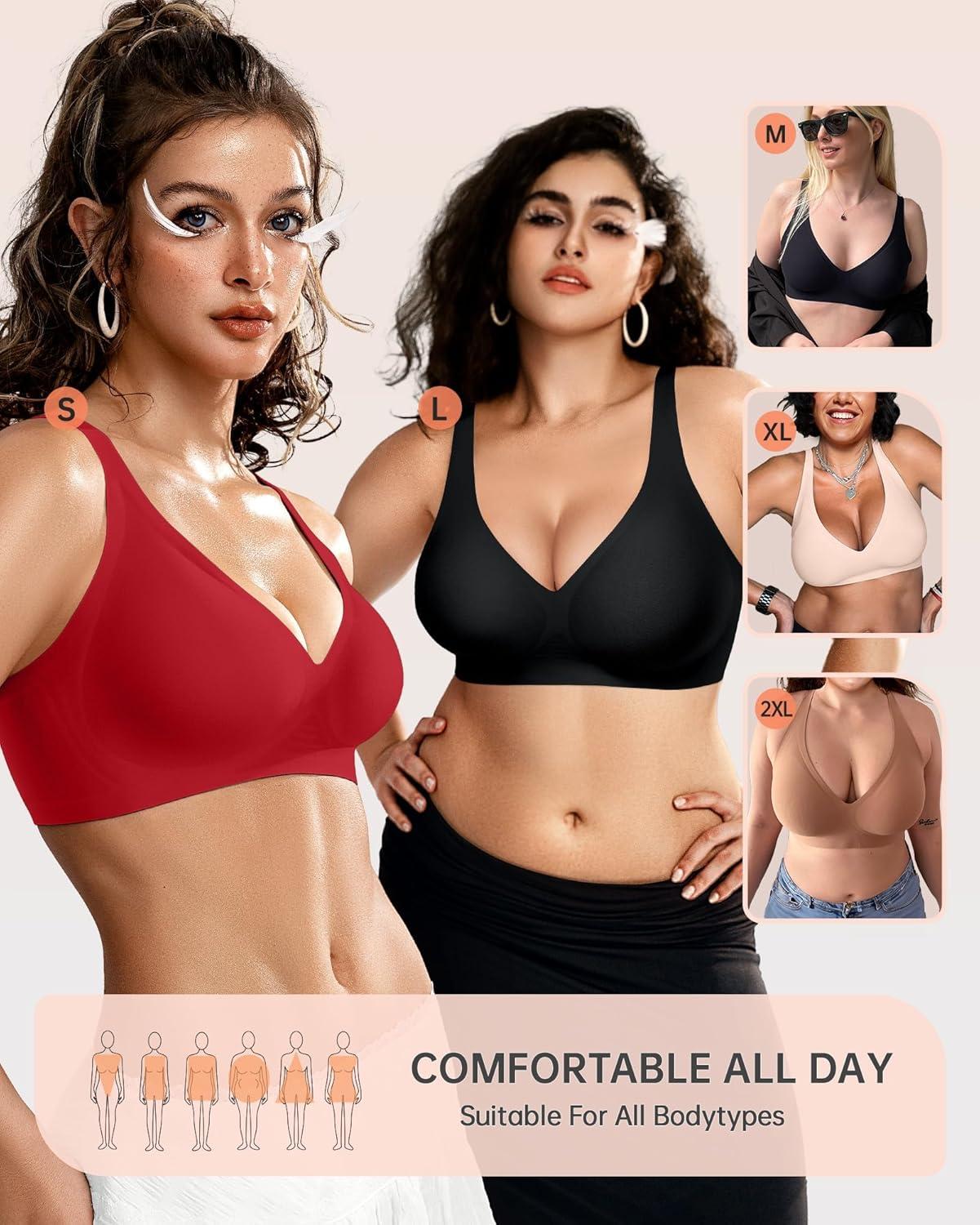 imageOEAK Womens Deep V Bras Wireless Comfortable Bra Supportive No Underwire Bras Tshirt Push Up Bralettes Plunge Seamless BraRed