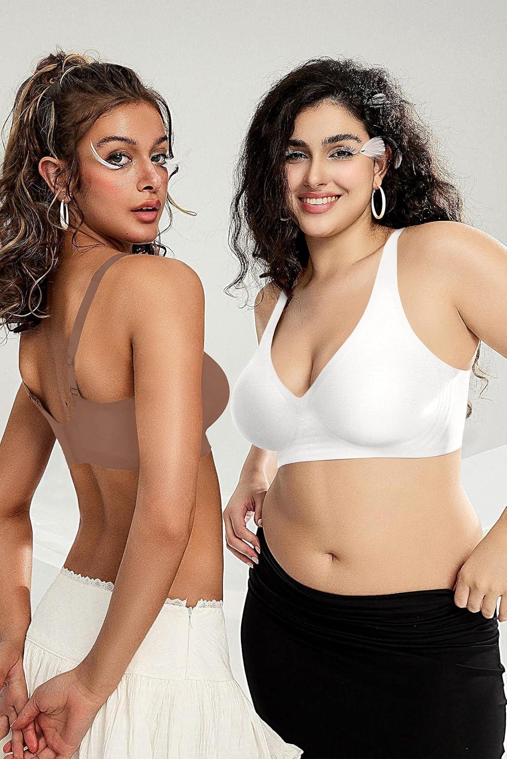 imageOEAK Womens Deep V Bras Wireless Comfortable Bra Supportive No Underwire Bras Tshirt Push Up Bralettes Plunge Seamless BraWhite