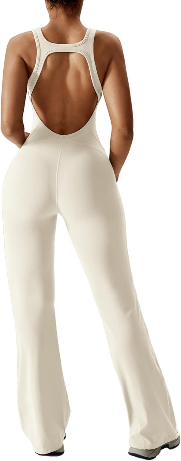 imageOEAK Womens Flare Jumpsuit with Bra Tummy Control Cutout Romper Workout Outfit Sleeveless Unitard One Piece Backless BodysuitBeige