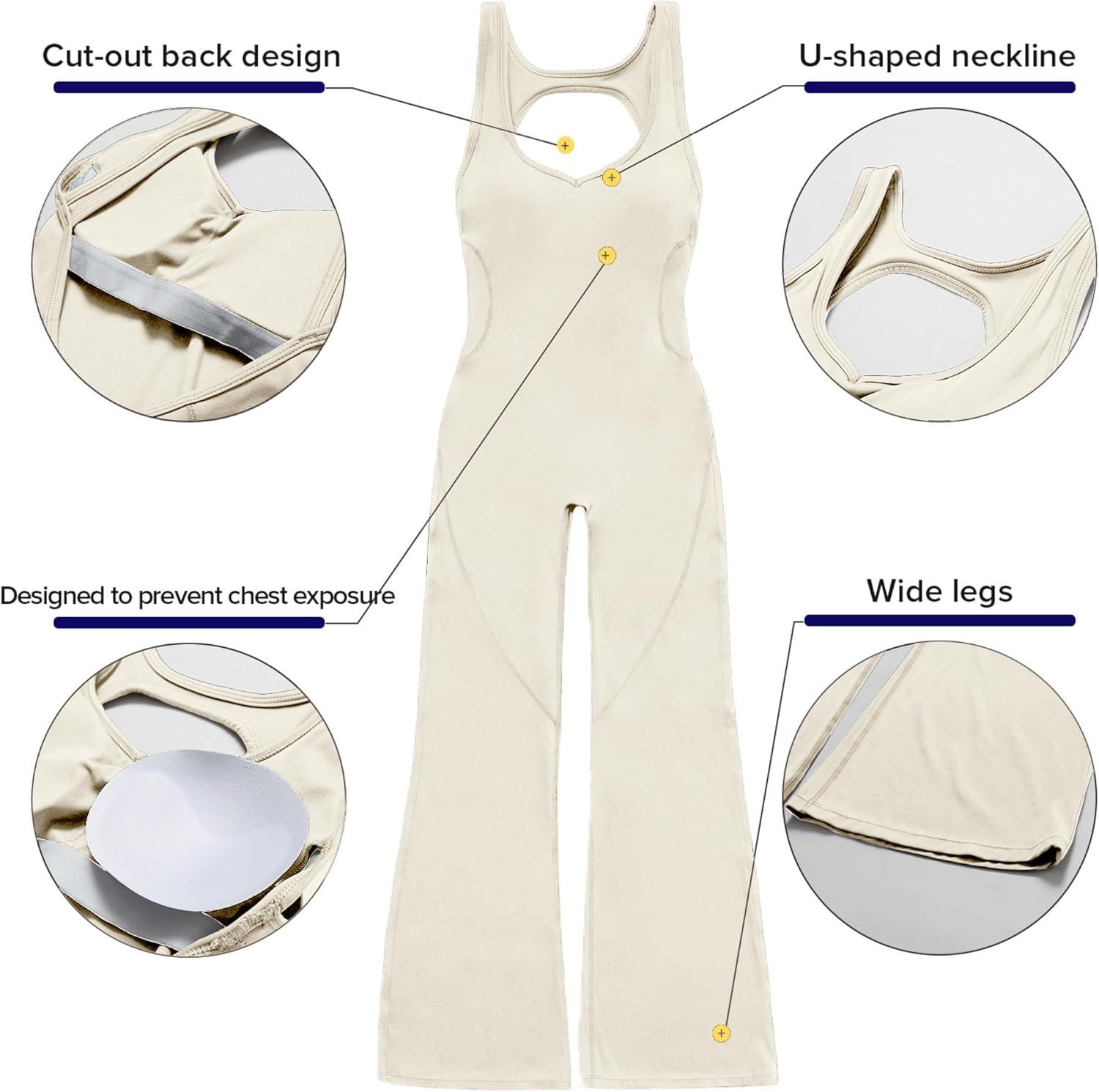 imageOEAK Womens Flare Jumpsuit with Bra Tummy Control Cutout Romper Workout Outfit Sleeveless Unitard One Piece Backless BodysuitBeige