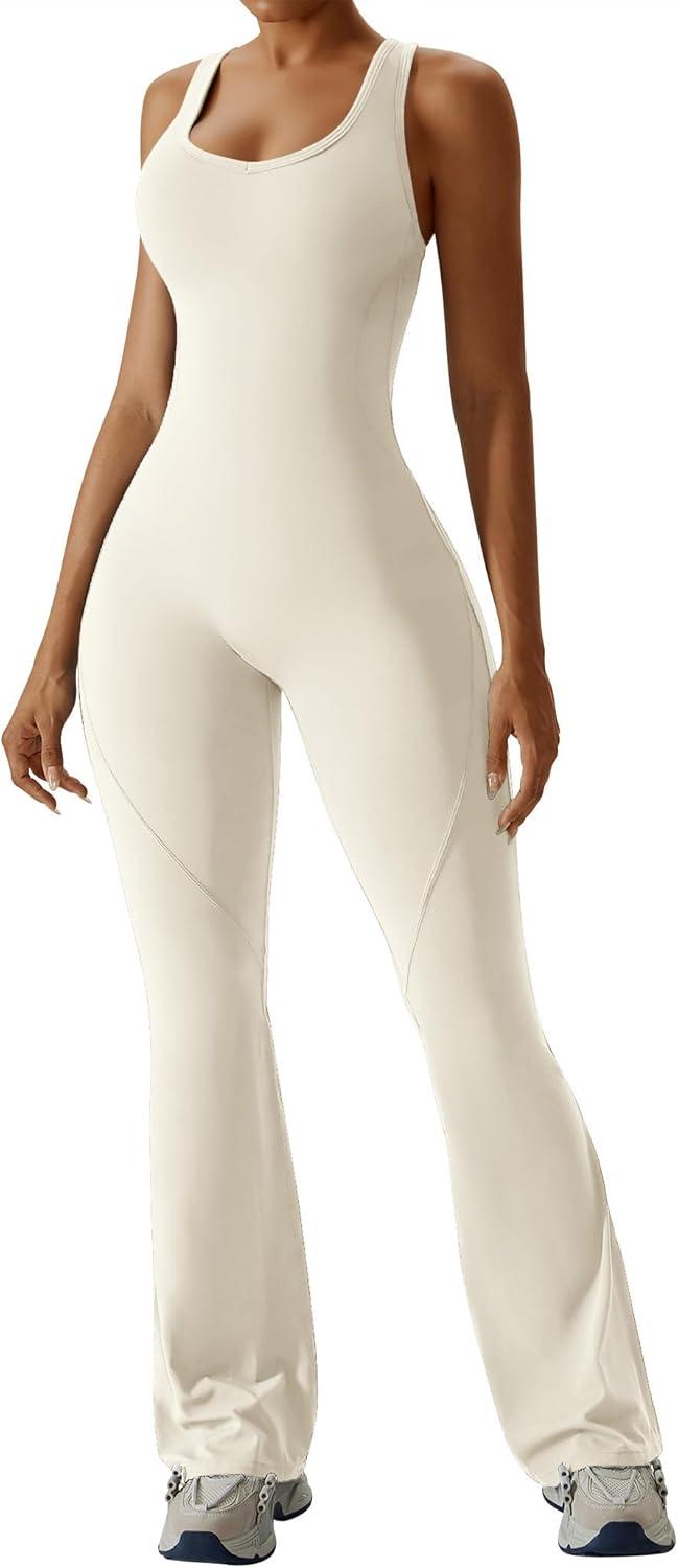 imageOEAK Womens Flare Jumpsuit with Bra Tummy Control Cutout Romper Workout Outfit Sleeveless Unitard One Piece Backless BodysuitBeige