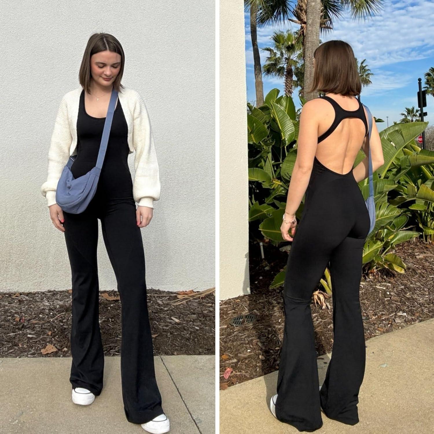 imageOEAK Womens Flare Jumpsuit with Bra Tummy Control Cutout Romper Workout Outfit Sleeveless Unitard One Piece Backless BodysuitBlack