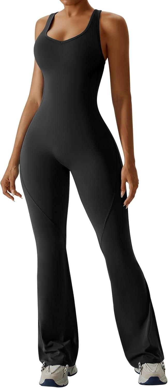 imageOEAK Womens Flare Jumpsuit with Bra Tummy Control Cutout Romper Workout Outfit Sleeveless Unitard One Piece Backless BodysuitBlack