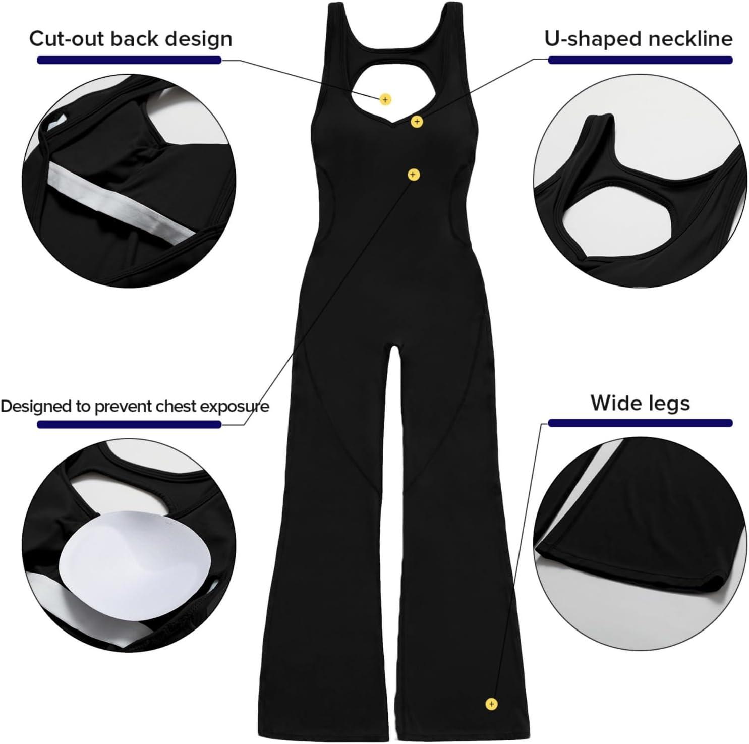 imageOEAK Womens Flare Jumpsuit with Bra Tummy Control Cutout Romper Workout Outfit Sleeveless Unitard One Piece Backless BodysuitBlack