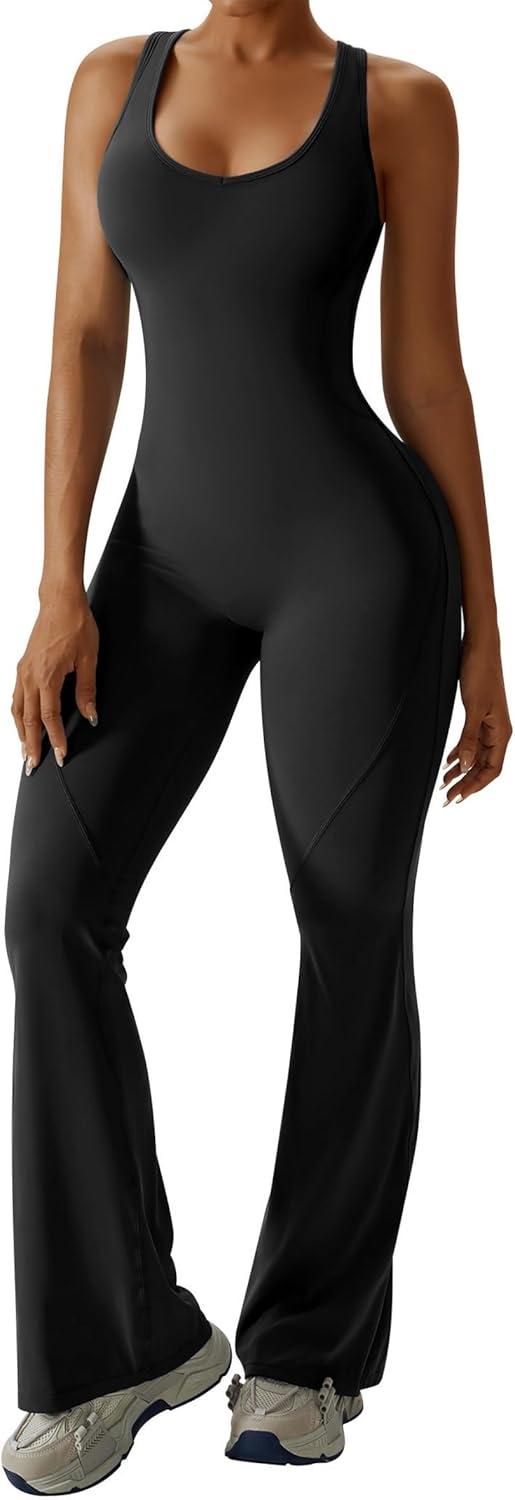 imageOEAK Womens Flare Jumpsuit with Bra Tummy Control Cutout Romper Workout Outfit Sleeveless Unitard One Piece Backless BodysuitBlack