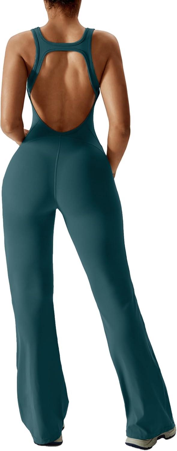 imageOEAK Womens Flare Jumpsuit with Bra Tummy Control Cutout Romper Workout Outfit Sleeveless Unitard One Piece Backless BodysuitBlackish Green