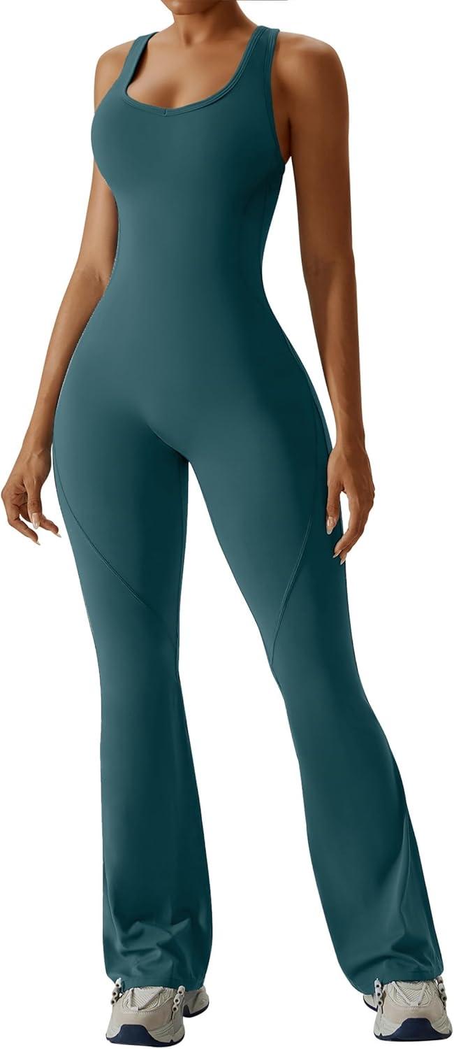 imageOEAK Womens Flare Jumpsuit with Bra Tummy Control Cutout Romper Workout Outfit Sleeveless Unitard One Piece Backless BodysuitBlackish Green