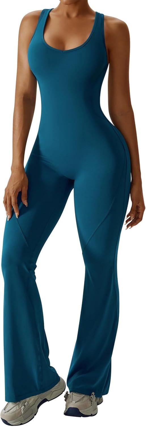 imageOEAK Womens Flare Jumpsuit with Bra Tummy Control Cutout Romper Workout Outfit Sleeveless Unitard One Piece Backless BodysuitBlue