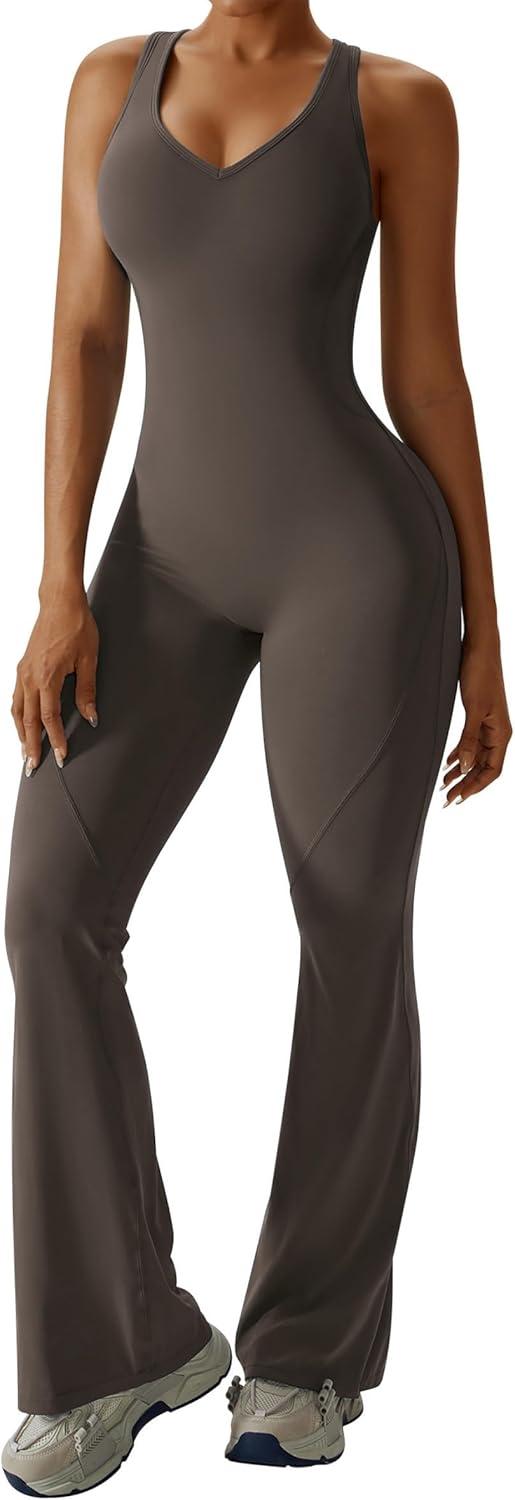 imageOEAK Womens Flare Jumpsuit with Bra Tummy Control Cutout Romper Workout Outfit Sleeveless Unitard One Piece Backless BodysuitBrown