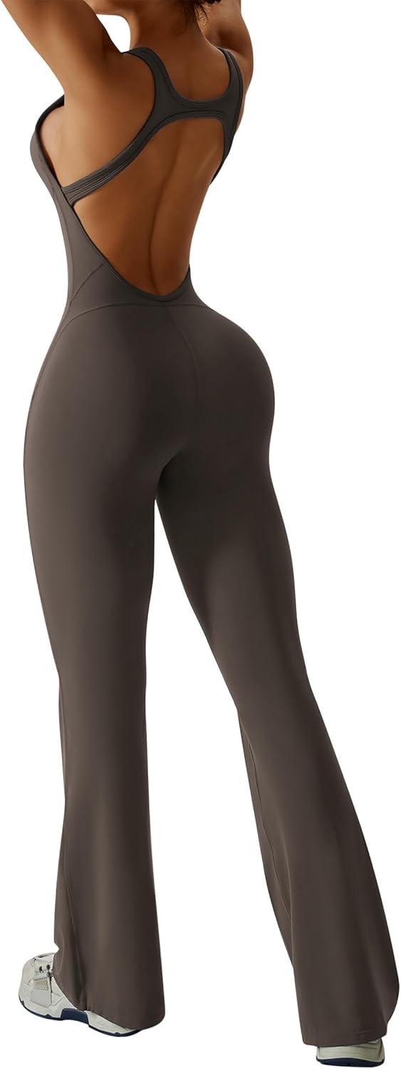 imageOEAK Womens Flare Jumpsuit with Bra Tummy Control Cutout Romper Workout Outfit Sleeveless Unitard One Piece Backless BodysuitBrown