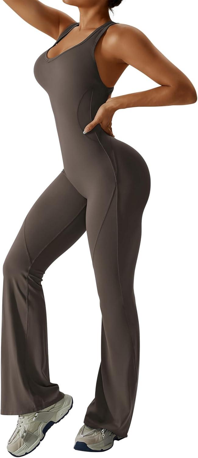 imageOEAK Womens Flare Jumpsuit with Bra Tummy Control Cutout Romper Workout Outfit Sleeveless Unitard One Piece Backless BodysuitBrown