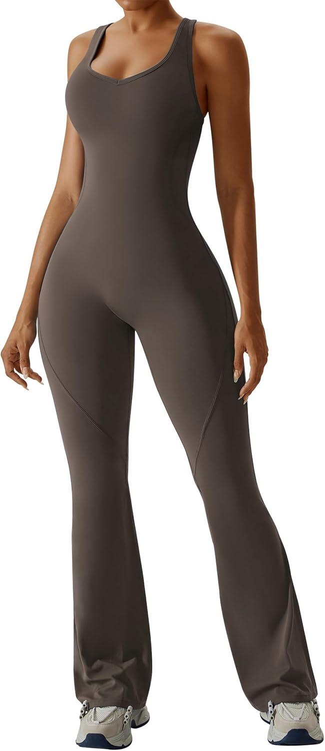 imageOEAK Womens Flare Jumpsuit with Bra Tummy Control Cutout Romper Workout Outfit Sleeveless Unitard One Piece Backless BodysuitBrown