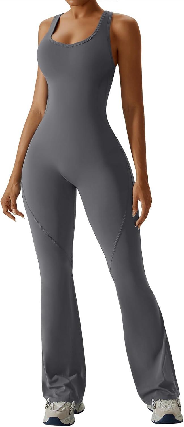 imageOEAK Womens Flare Jumpsuit with Bra Tummy Control Cutout Romper Workout Outfit Sleeveless Unitard One Piece Backless BodysuitDark Grey