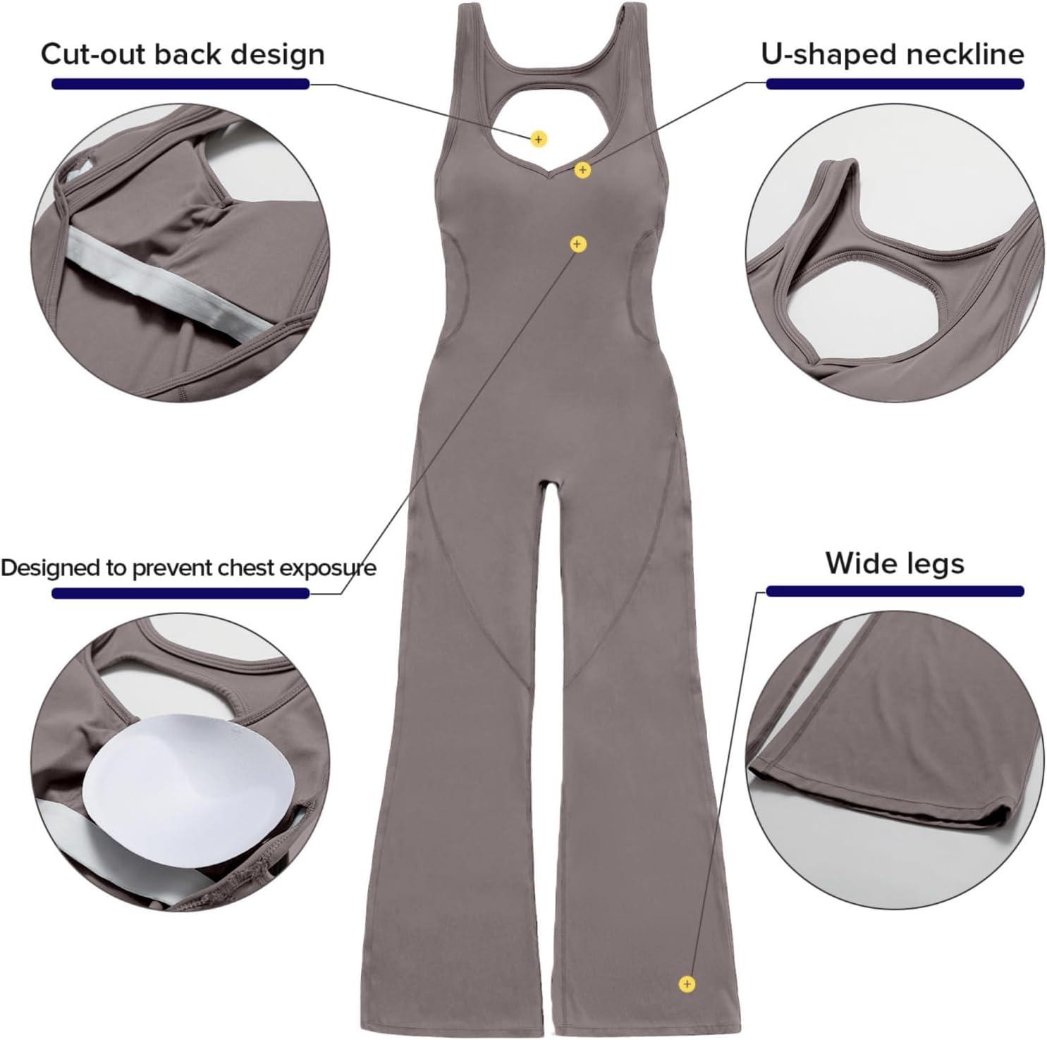 imageOEAK Womens Flare Jumpsuit with Bra Tummy Control Cutout Romper Workout Outfit Sleeveless Unitard One Piece Backless BodysuitFlaxen