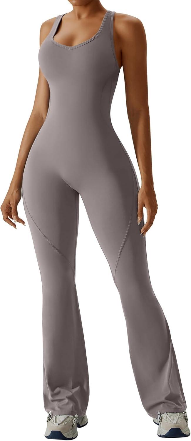 imageOEAK Womens Flare Jumpsuit with Bra Tummy Control Cutout Romper Workout Outfit Sleeveless Unitard One Piece Backless BodysuitFlaxen