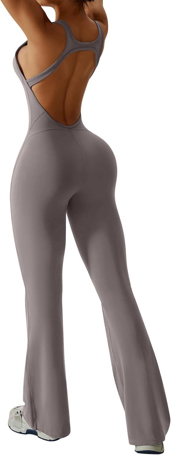 imageOEAK Womens Flare Jumpsuit with Bra Tummy Control Cutout Romper Workout Outfit Sleeveless Unitard One Piece Backless BodysuitFlaxen