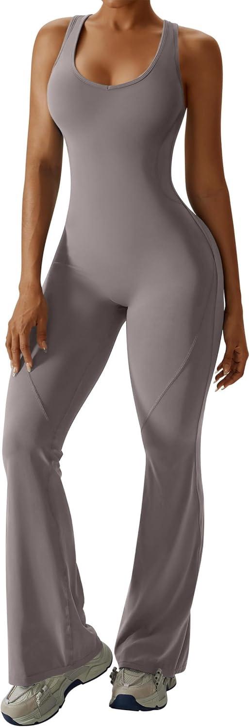 imageOEAK Womens Flare Jumpsuit with Bra Tummy Control Cutout Romper Workout Outfit Sleeveless Unitard One Piece Backless BodysuitFlaxen