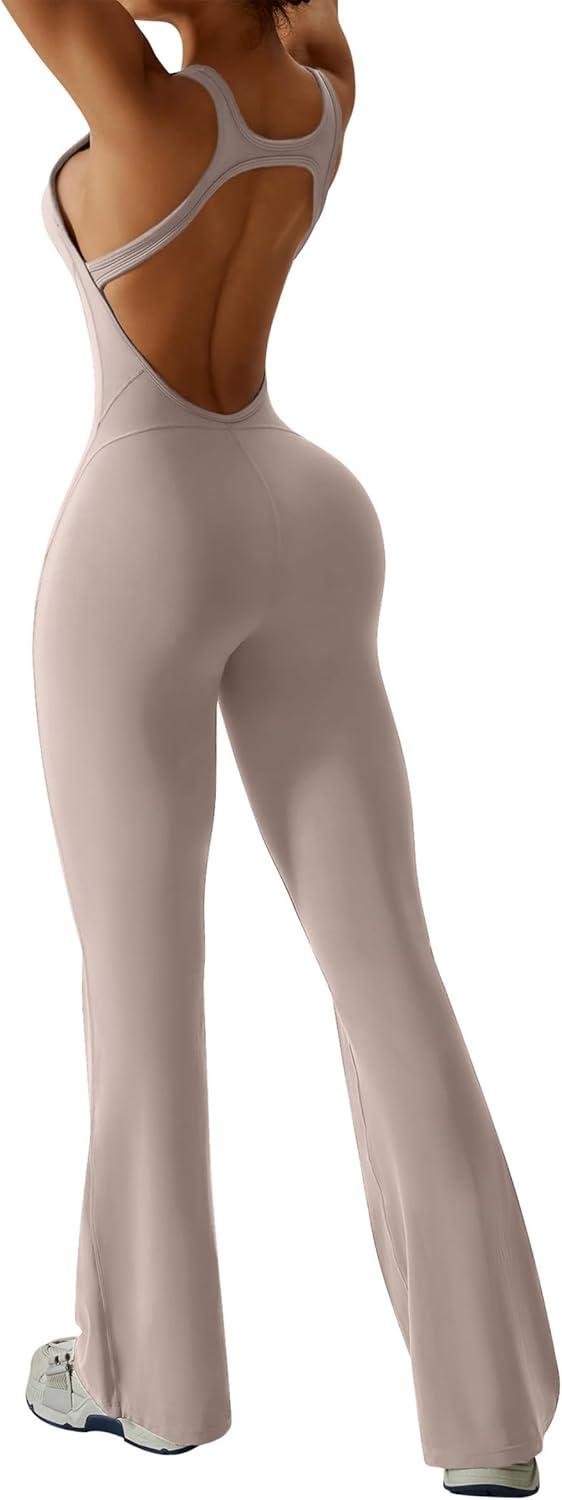 imageOEAK Womens Flare Jumpsuit with Bra Tummy Control Cutout Romper Workout Outfit Sleeveless Unitard One Piece Backless BodysuitKhaki