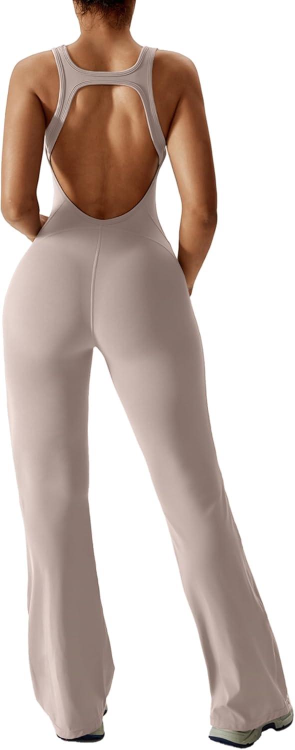 imageOEAK Womens Flare Jumpsuit with Bra Tummy Control Cutout Romper Workout Outfit Sleeveless Unitard One Piece Backless BodysuitKhaki