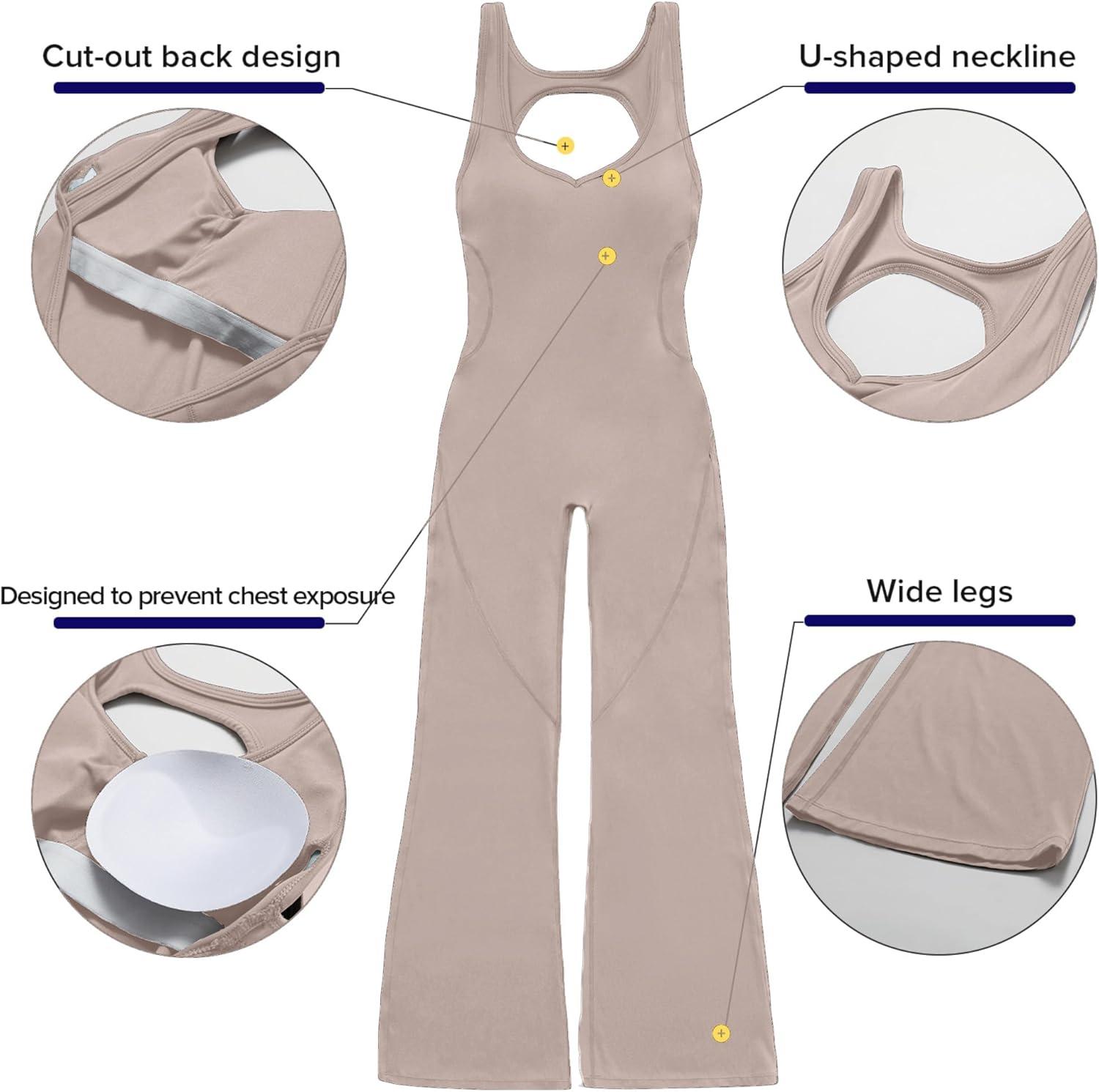 imageOEAK Womens Flare Jumpsuit with Bra Tummy Control Cutout Romper Workout Outfit Sleeveless Unitard One Piece Backless BodysuitKhaki