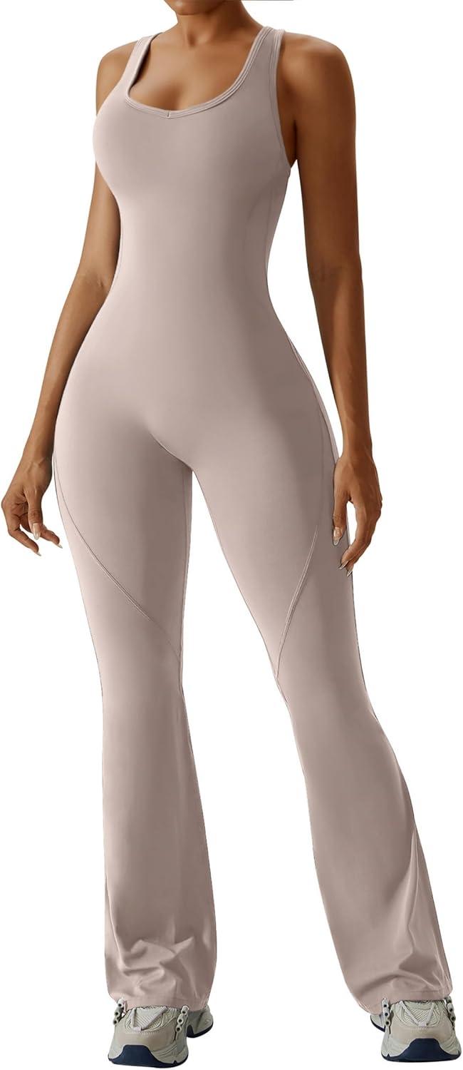 imageOEAK Womens Flare Jumpsuit with Bra Tummy Control Cutout Romper Workout Outfit Sleeveless Unitard One Piece Backless BodysuitKhaki