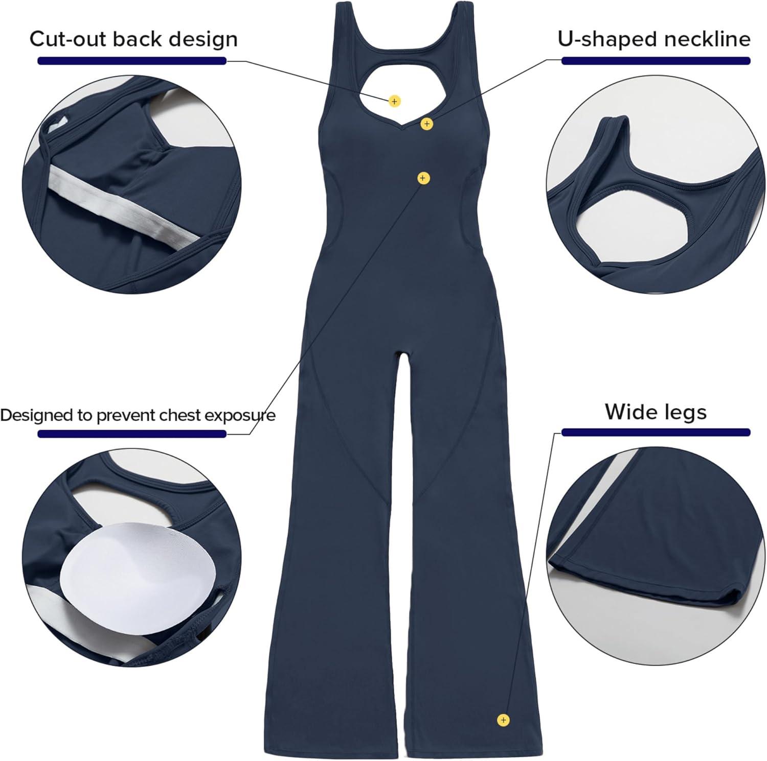 imageOEAK Womens Flare Jumpsuit with Bra Tummy Control Cutout Romper Workout Outfit Sleeveless Unitard One Piece Backless BodysuitNavy