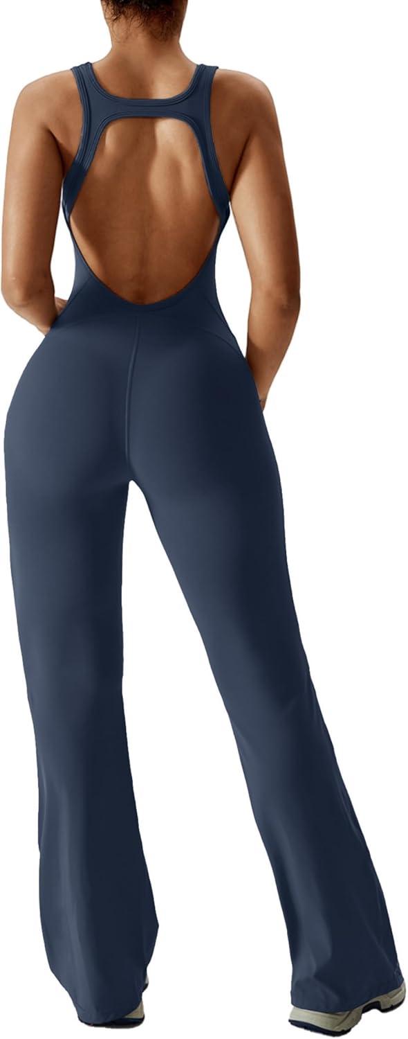 imageOEAK Womens Flare Jumpsuit with Bra Tummy Control Cutout Romper Workout Outfit Sleeveless Unitard One Piece Backless BodysuitNavy