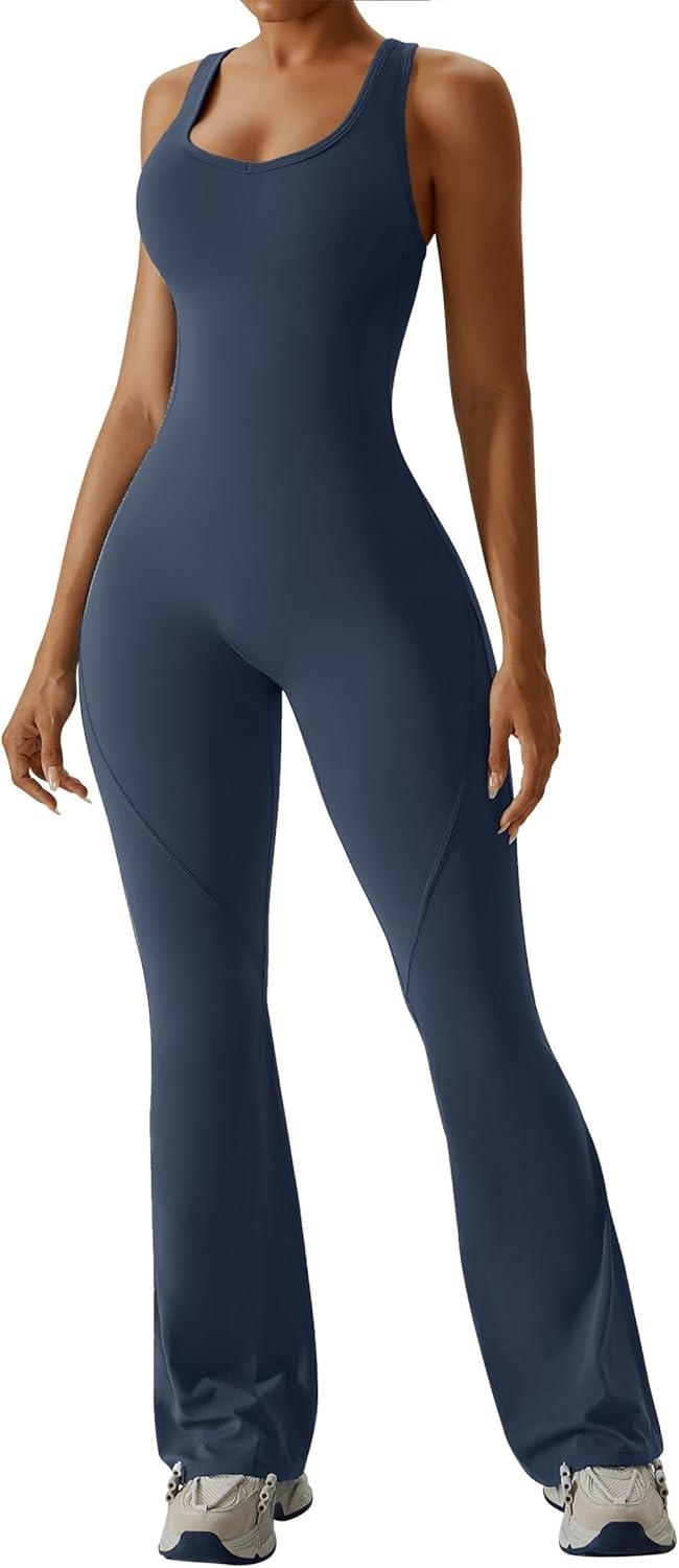 imageOEAK Womens Flare Jumpsuit with Bra Tummy Control Cutout Romper Workout Outfit Sleeveless Unitard One Piece Backless BodysuitNavy