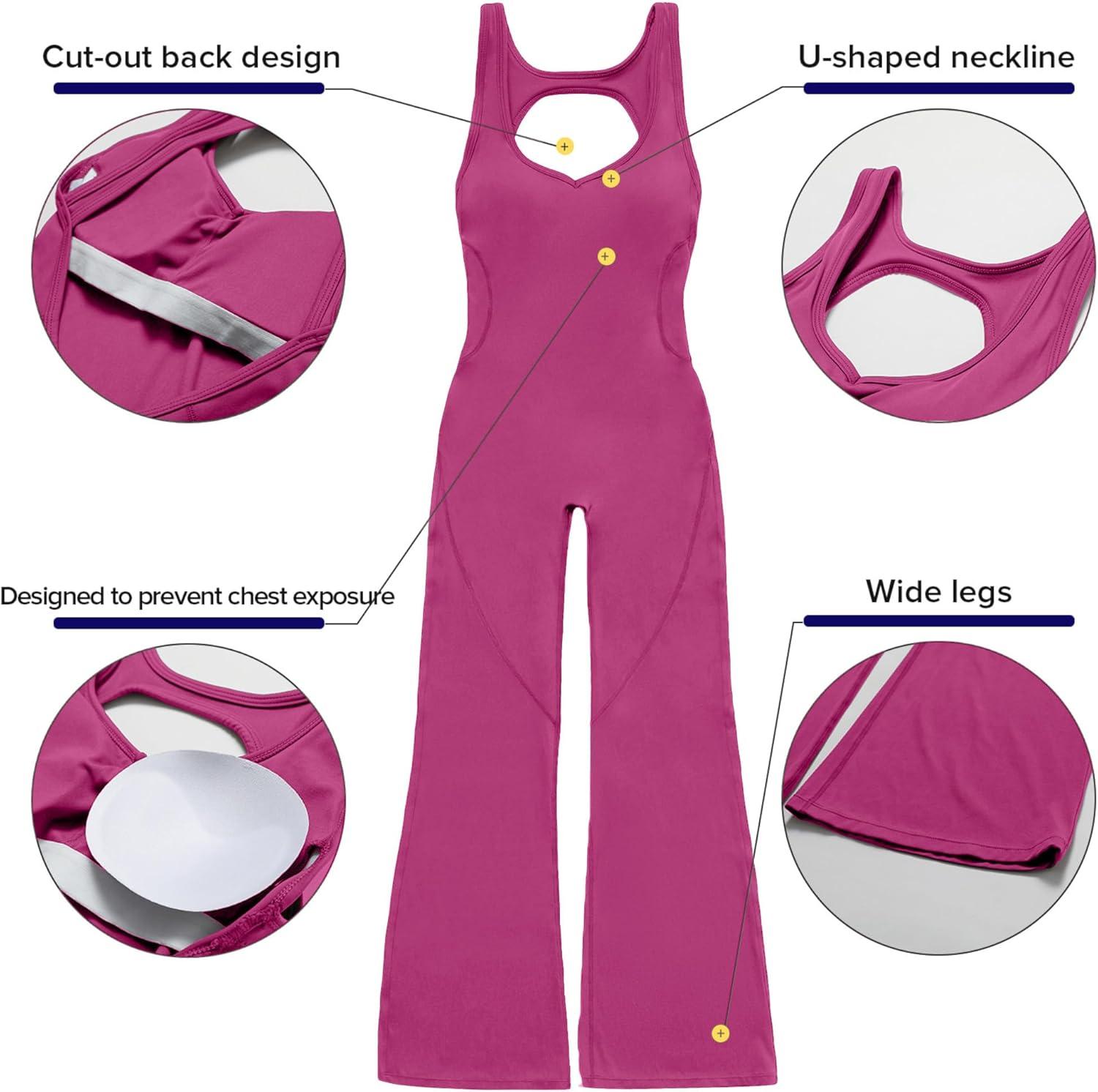 imageOEAK Womens Flare Jumpsuit with Bra Tummy Control Cutout Romper Workout Outfit Sleeveless Unitard One Piece Backless BodysuitRose