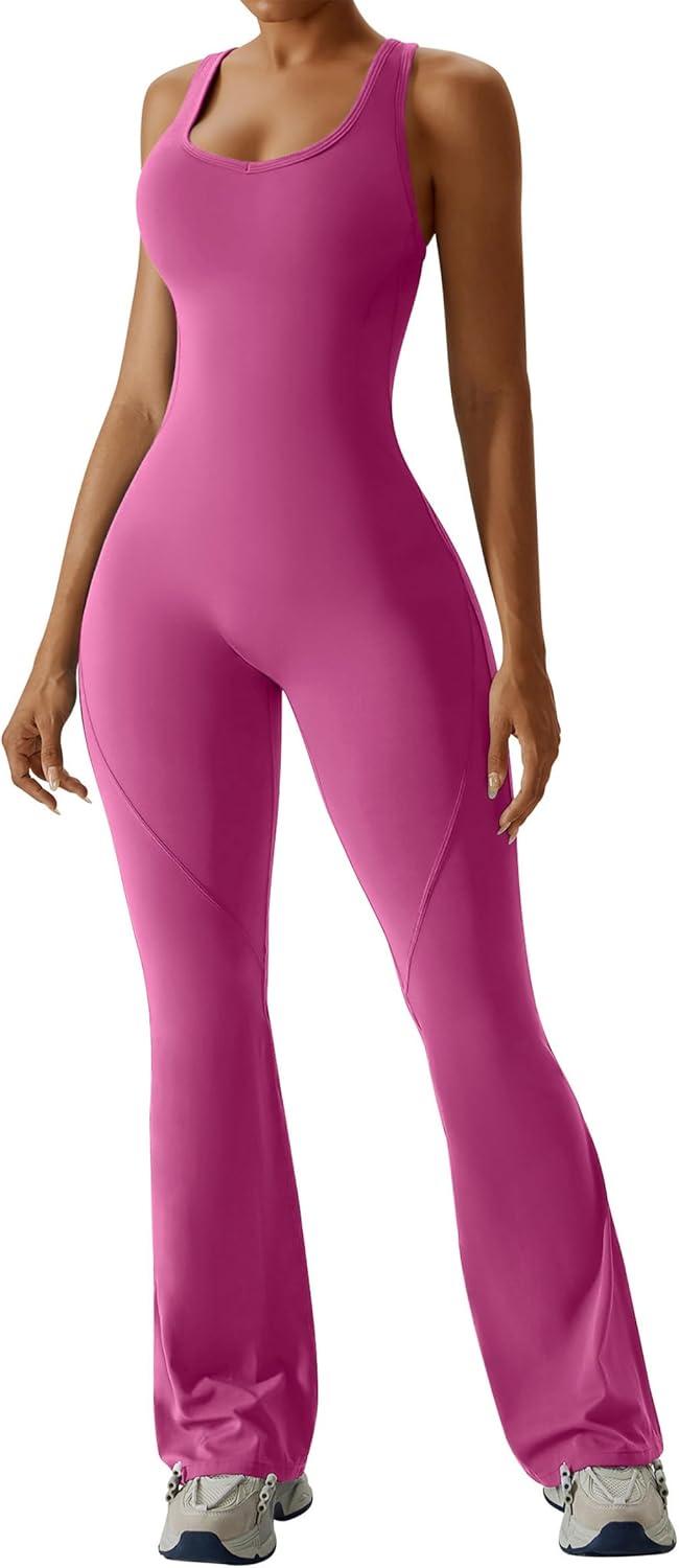 imageOEAK Womens Flare Jumpsuit with Bra Tummy Control Cutout Romper Workout Outfit Sleeveless Unitard One Piece Backless BodysuitRose