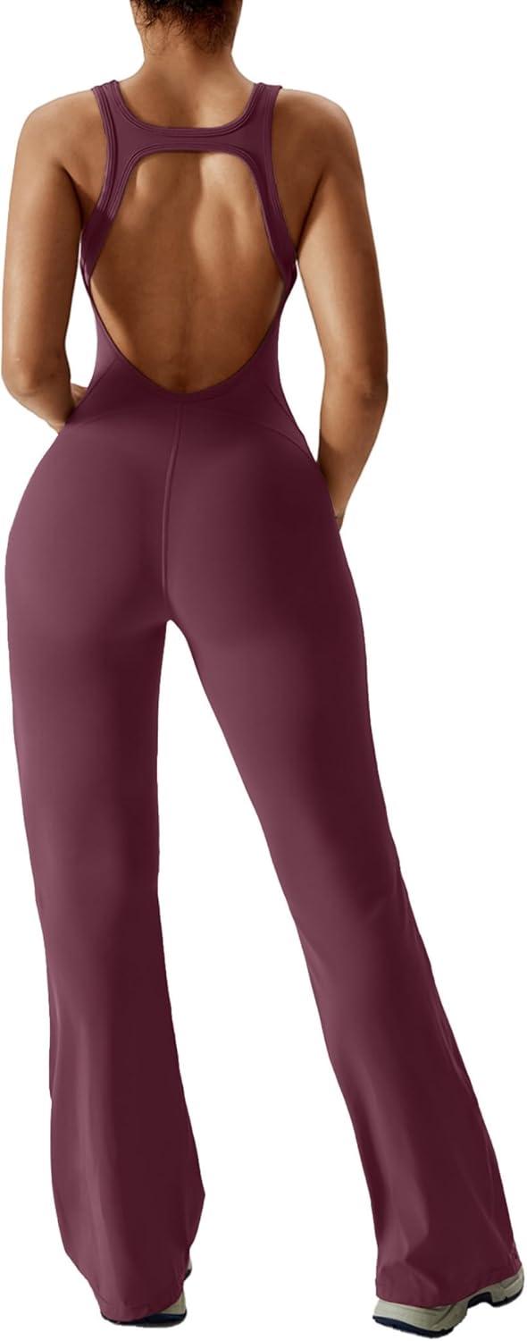 imageOEAK Womens Flare Jumpsuit with Bra Tummy Control Cutout Romper Workout Outfit Sleeveless Unitard One Piece Backless BodysuitWine Red