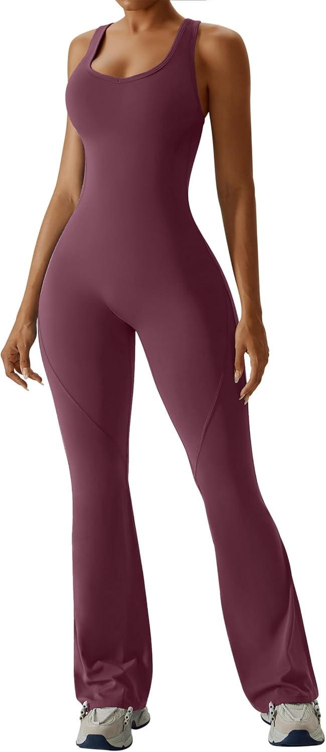 imageOEAK Womens Flare Jumpsuit with Bra Tummy Control Cutout Romper Workout Outfit Sleeveless Unitard One Piece Backless BodysuitWine Red