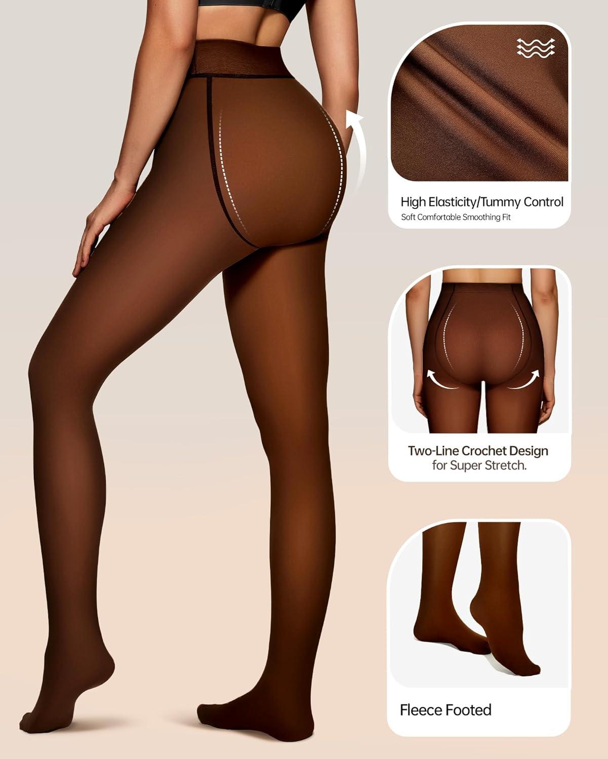 imageOEAK Womens Fleece Lined Tights Fake Translucent Pantyhose Thermal Opaque High Waisted Winter Legging Footed Sheer TightsFake Translucent Caramel