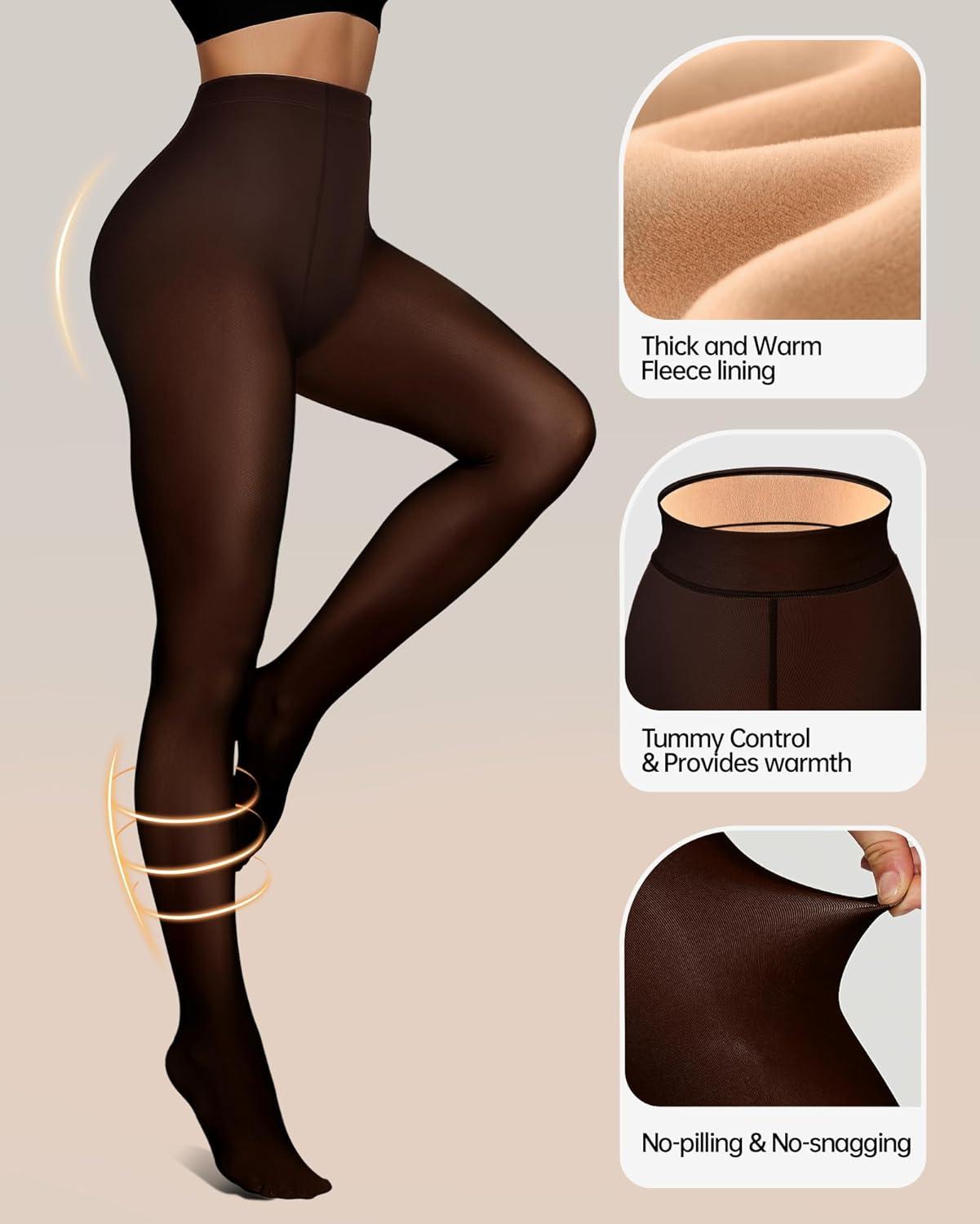 imageOEAK Womens Fleece Lined Tights Fake Translucent Pantyhose Thermal Opaque High Waisted Winter Legging Footed Sheer TightsFake Translucent Chocolate