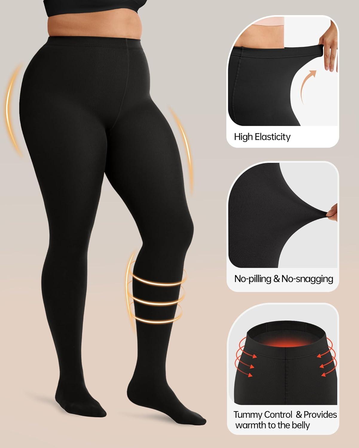 imageOEAK Womens Fleece Lined Tights Leggings Plus Size Thermal Warm Thick Opaque Tights Tummy Control High Waisted PantyhoseBlack
