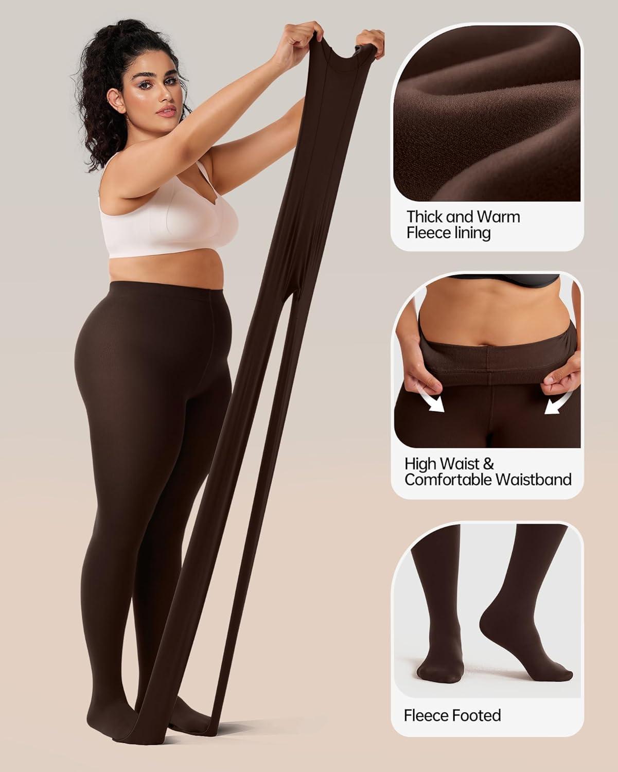 imageOEAK Womens Fleece Lined Tights Leggings Plus Size Thermal Warm Thick Opaque Tights Tummy Control High Waisted PantyhoseBrown