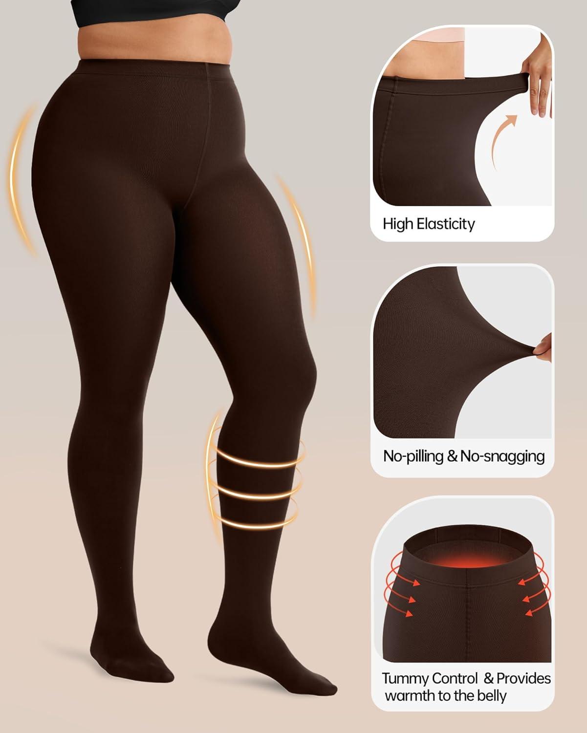 imageOEAK Womens Fleece Lined Tights Leggings Plus Size Thermal Warm Thick Opaque Tights Tummy Control High Waisted PantyhoseBrown