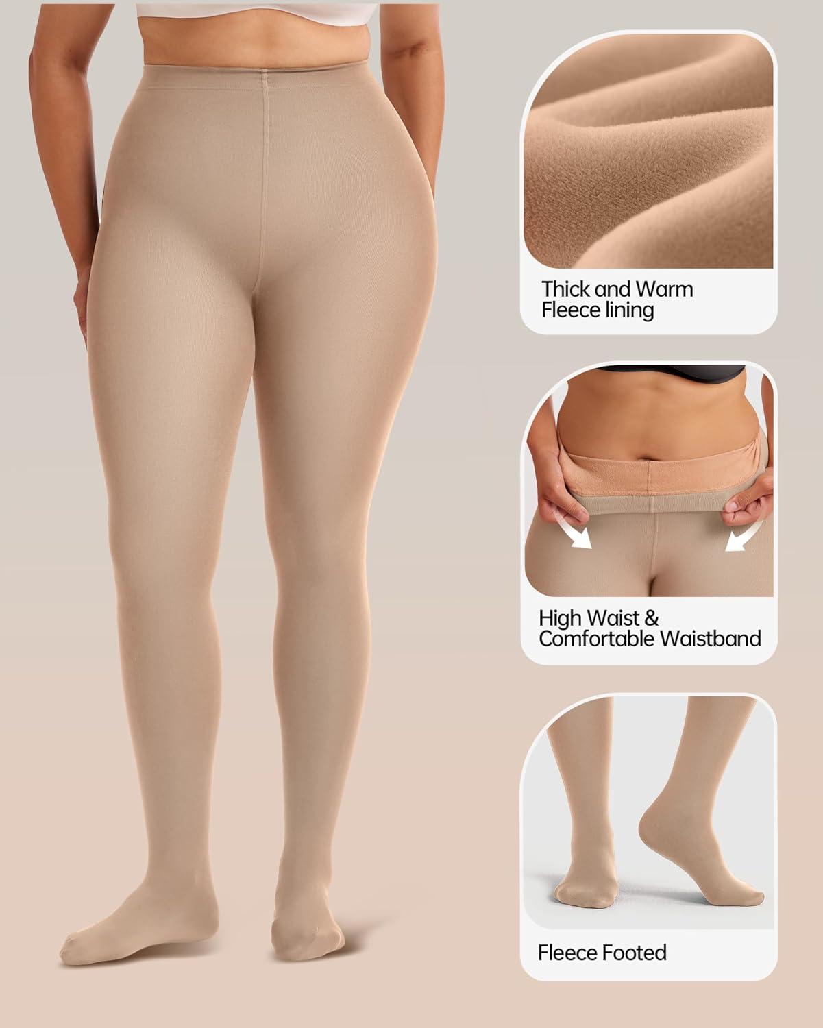 imageOEAK Womens Fleece Lined Tights Leggings Plus Size Thermal Warm Thick Opaque Tights Tummy Control High Waisted PantyhoseCream Nude