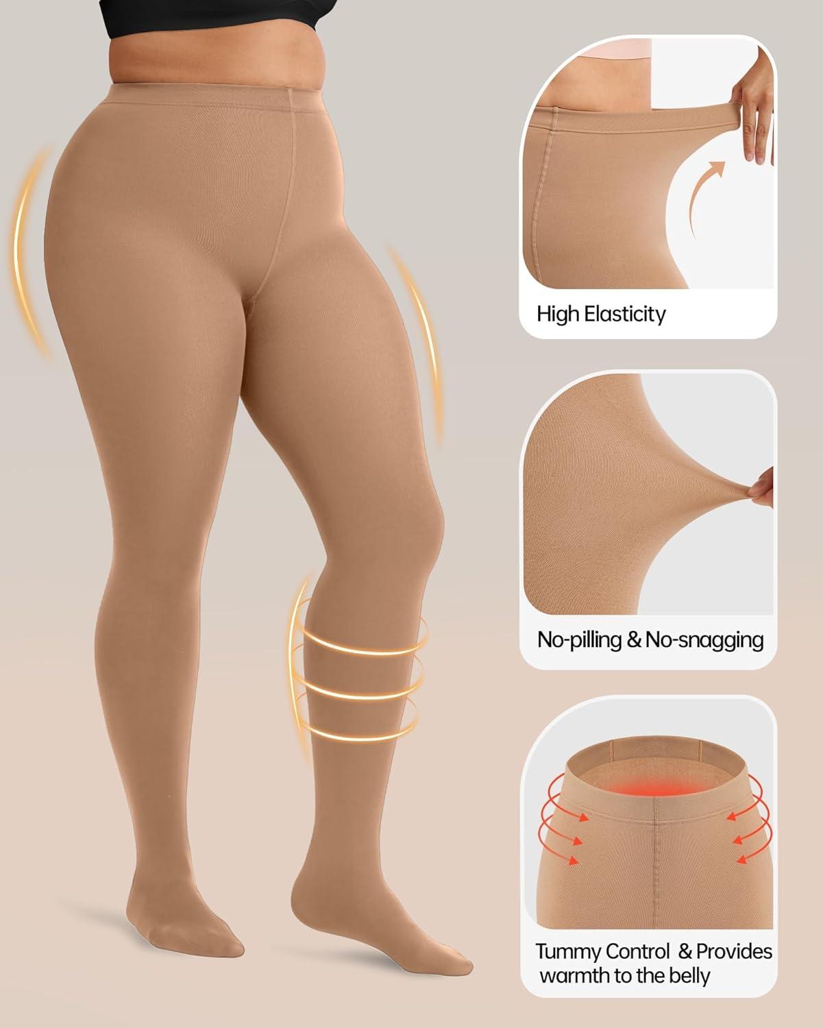 imageOEAK Womens Fleece Lined Tights Leggings Plus Size Thermal Warm Thick Opaque Tights Tummy Control High Waisted PantyhoseNude