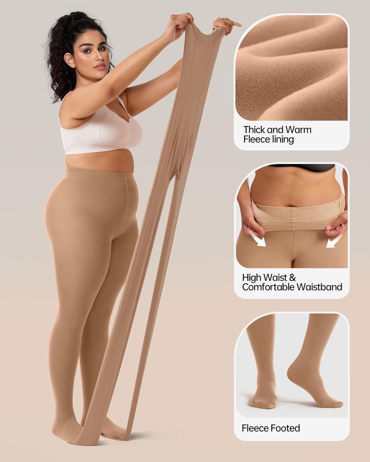 imageOEAK Womens Fleece Lined Tights Leggings Plus Size Thermal Warm Thick Opaque Tights Tummy Control High Waisted PantyhoseNude