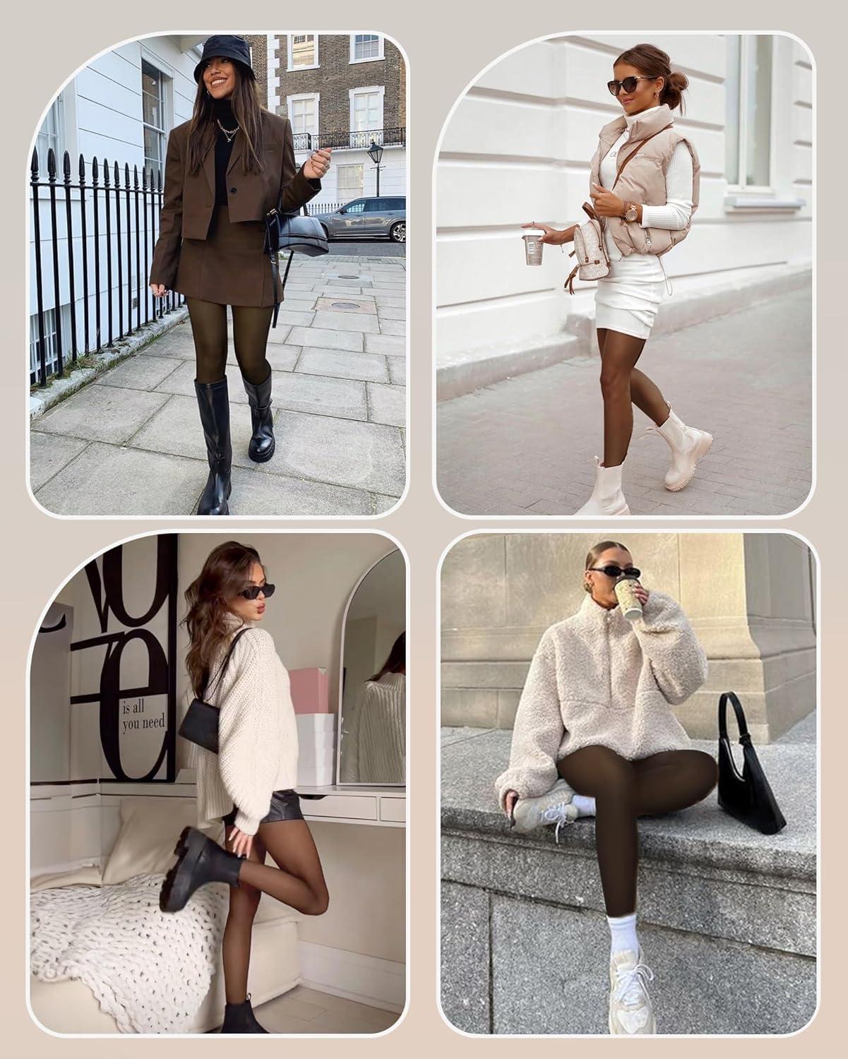 imageOEAK Womens Fleece Lined Tights Leggings Sheer Fake Translucent Tights Pantyhose Thermal High Waisted Footed Leggings LXL 220g Coffee