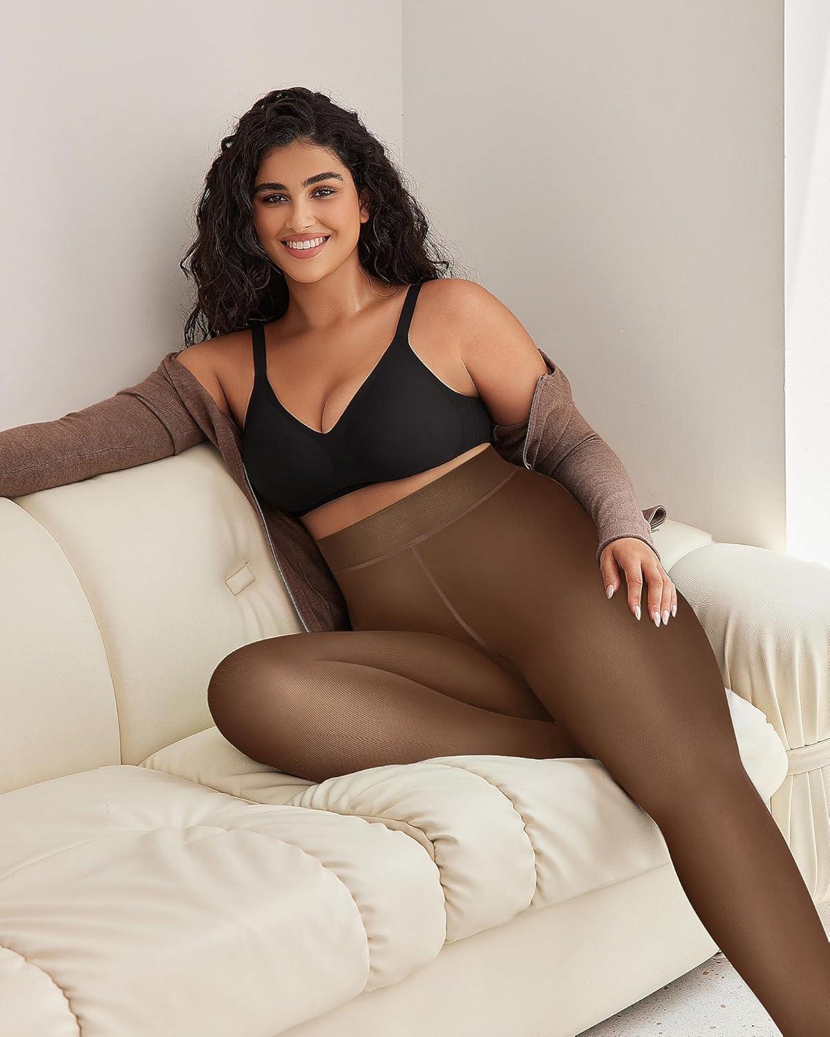 imageOEAK Womens Fleece Lined Tights Leggings Sheer Fake Translucent Tights Pantyhose Thermal High Waisted Footed Opaque Leggings Coffee 300g SM