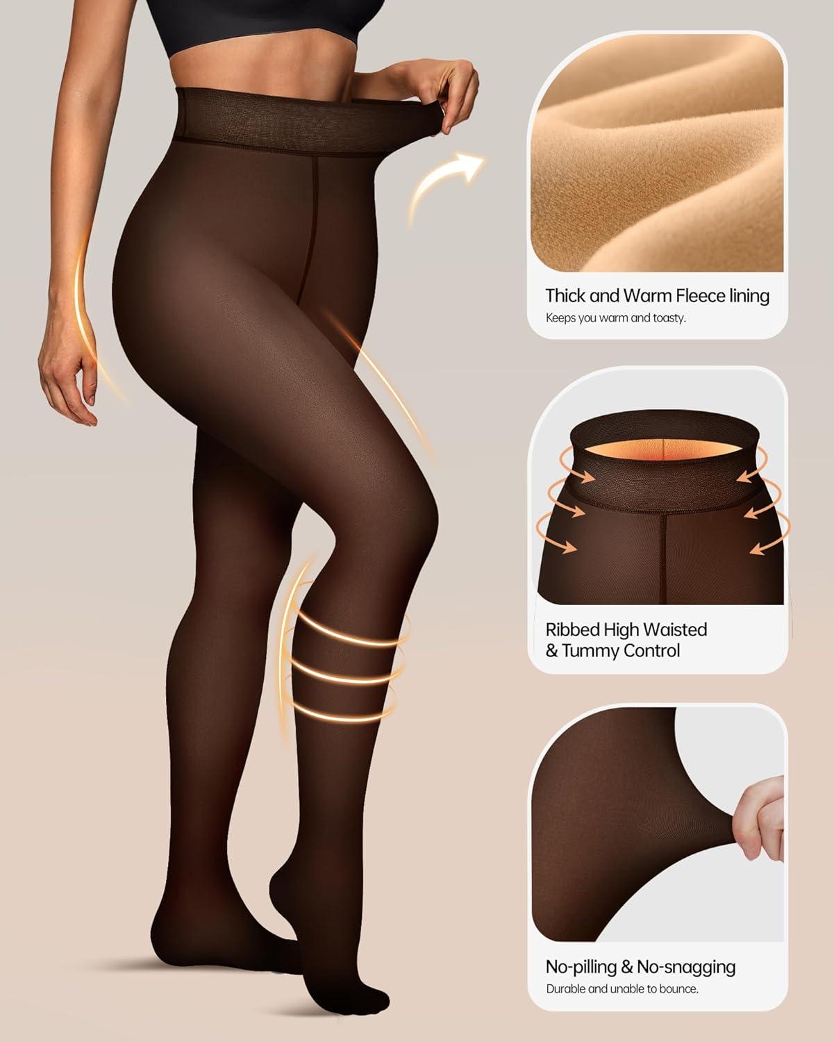 imageOEAK Womens Fleece Lined Tights Sheer Fake Translucent Pantyhose Thermal Tights High Waisted Footed LeggingsBlack