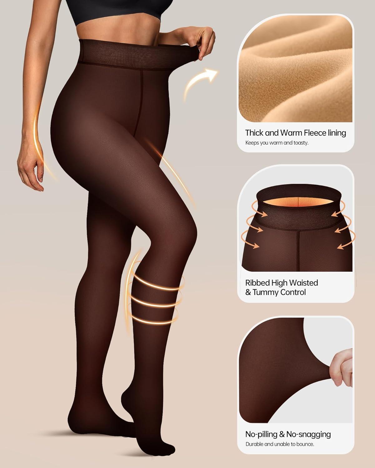 imageOEAK Womens Fleece Lined Tights Sheer Fake Translucent Pantyhose Thermal Tights High Waisted Footed LeggingsBrown