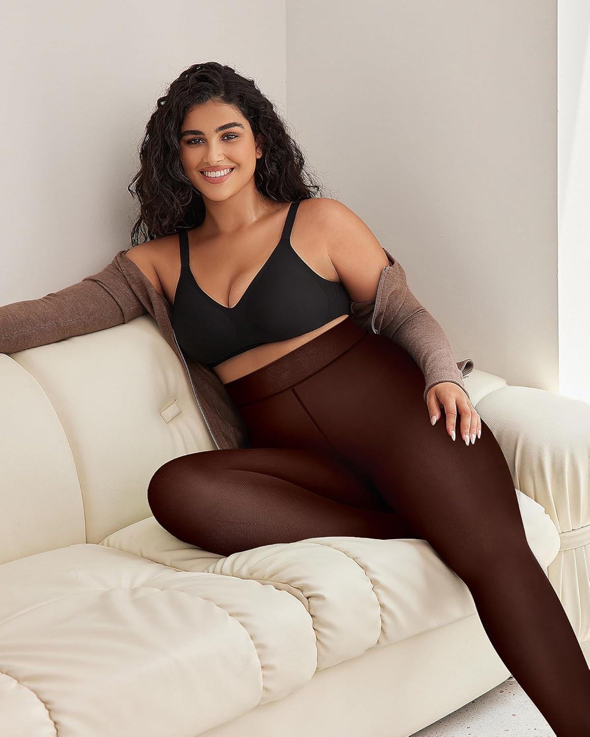 imageOEAK Womens Fleece Lined Tights Sheer Fake Translucent Pantyhose Thermal Tights High Waisted Footed LeggingsBrown