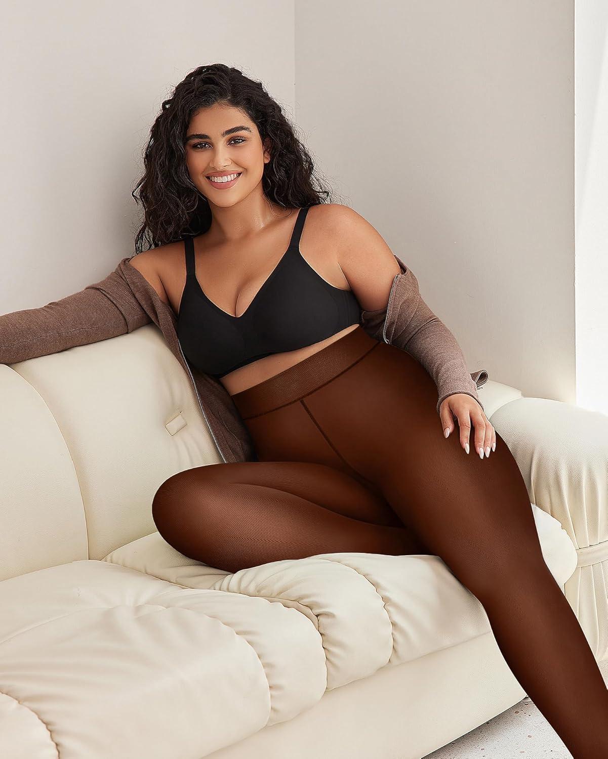 imageOEAK Womens Fleece Lined Tights Sheer Fake Translucent Pantyhose Thermal Tights High Waisted Footed LeggingsCaramel