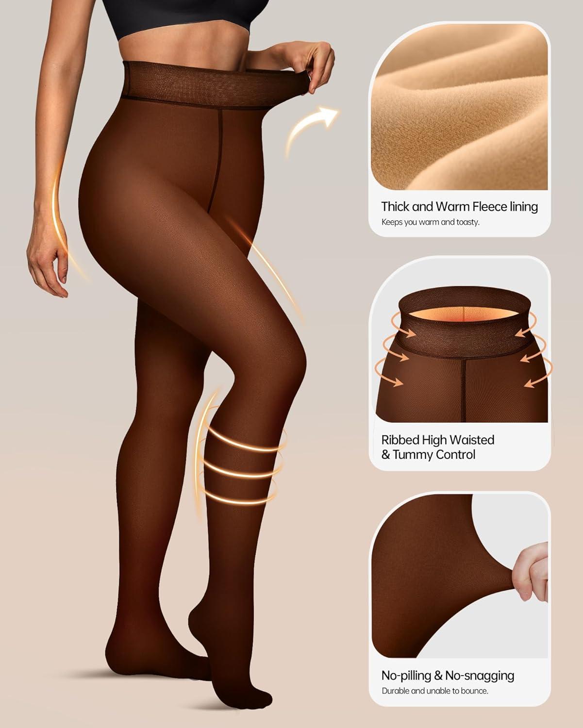 imageOEAK Womens Fleece Lined Tights Sheer Fake Translucent Pantyhose Thermal Tights High Waisted Footed LeggingsCaramel