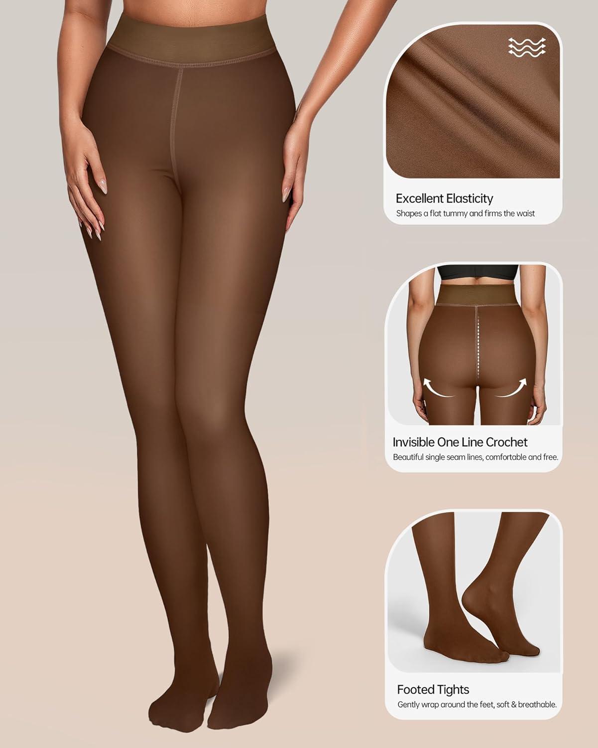 imageOEAK Womens Fleece Lined Tights Sheer Fake Translucent Pantyhose Thermal Tights High Waisted Footed LeggingsCoffee