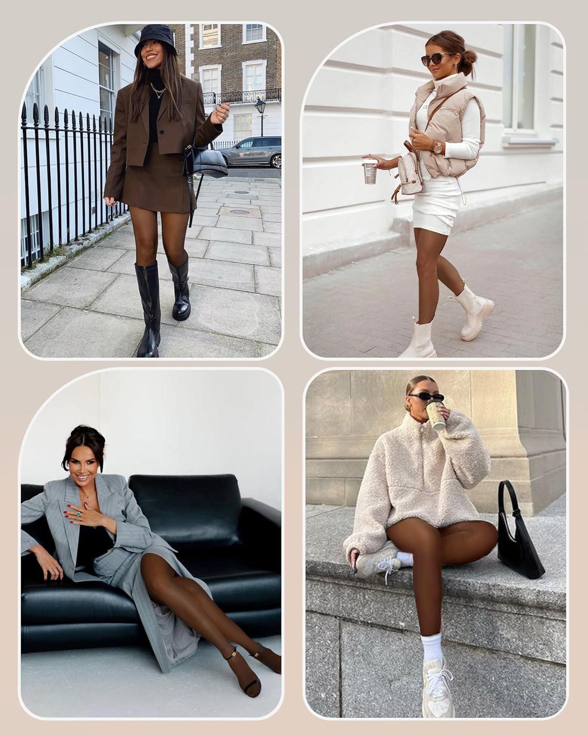 imageOEAK Womens Fleece Lined Tights Sheer Fake Translucent Pantyhose Thermal Tights High Waisted Footed LeggingsHoney