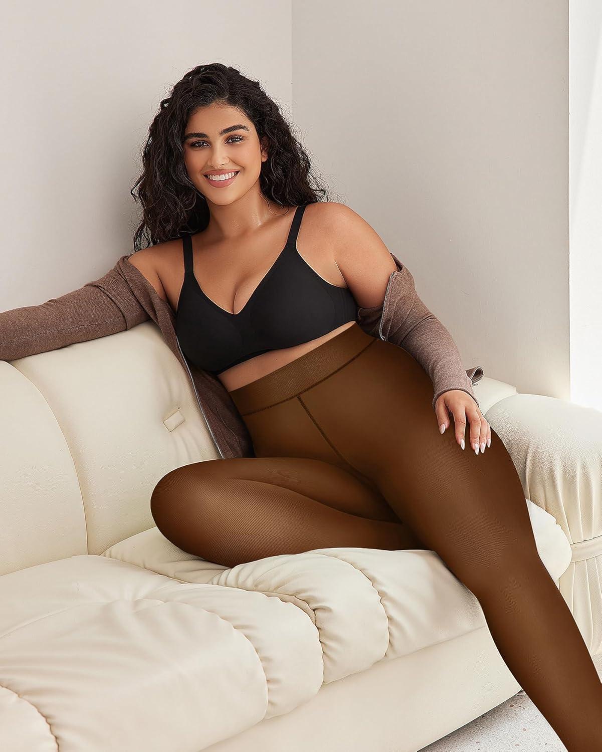 imageOEAK Womens Fleece Lined Tights Sheer Fake Translucent Pantyhose Thermal Tights High Waisted Footed LeggingsHoney